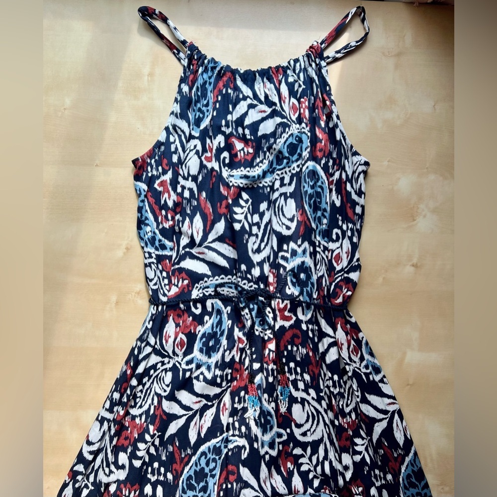 Lucky Brand Boho Paisley Tiered Midi Dress Beaded Tassel Belt Navy White Red